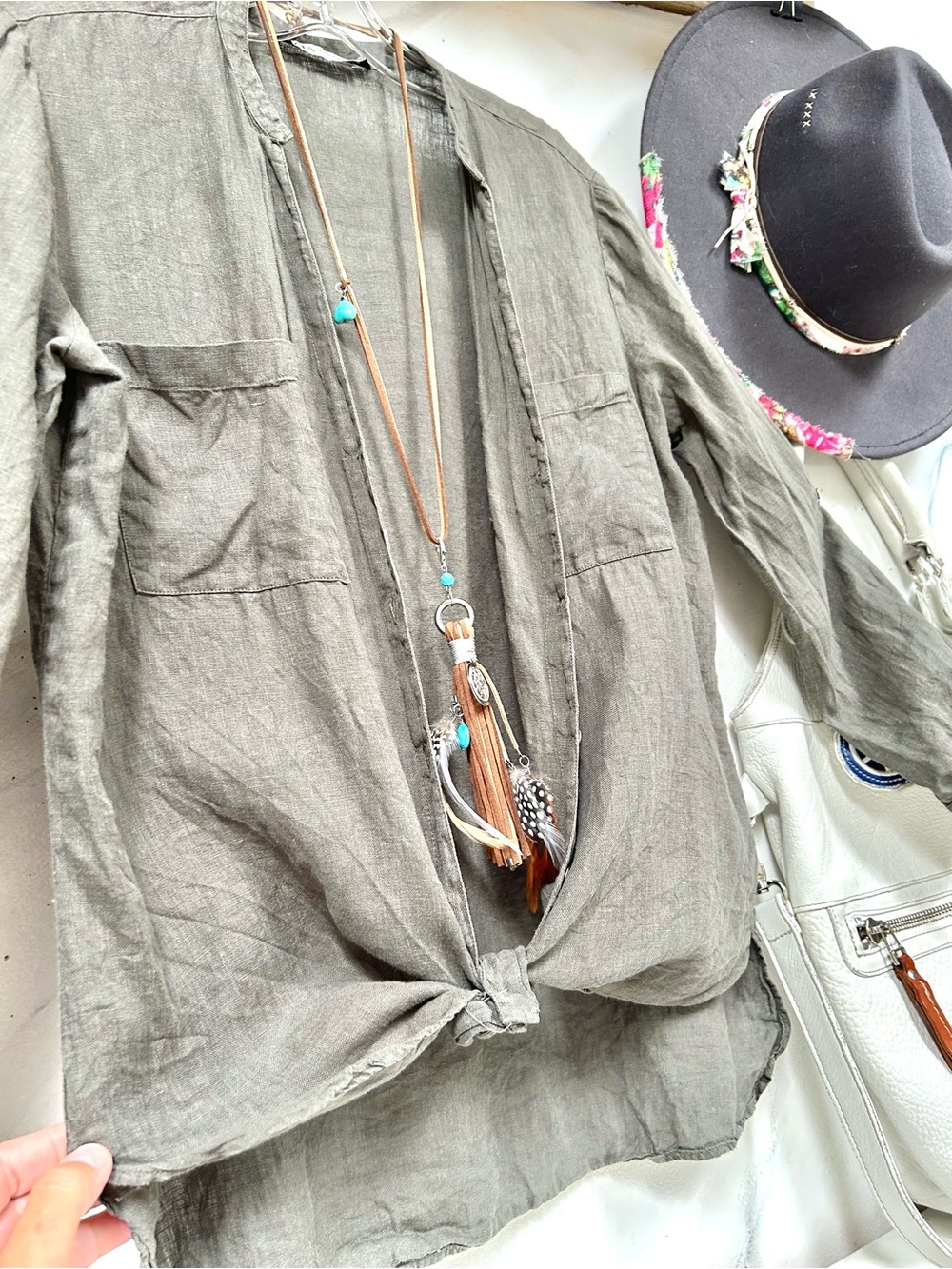 Zara Linen Olive Green Lightweight boho shirt w resort vacay beach country vibe - Picture 13 of 15